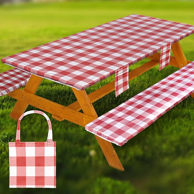 Picnic Table Cover with Bench Covers Vinyl Elastic Edges Fitted Rectangle Seat Tables Waterproof 3-Piece96X30in Set Outdoor Rectangular Folding Backing Tablecloth for Camping Over SizeTie-Dye 100
