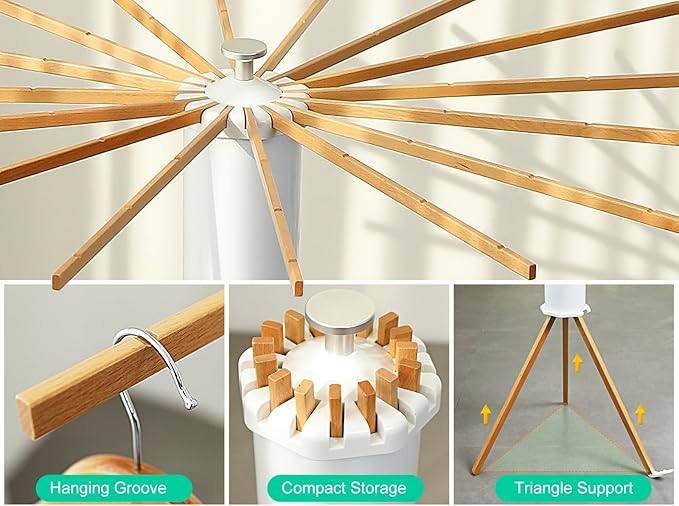 Cylinder Tripod Clothes Drying Rack - 16 Expandable Rods | Standing Octopus Drying Rack Clothing | Space Saving Master | Collapsible Compact for Laundry Room Household & Indoor | Solid Wood