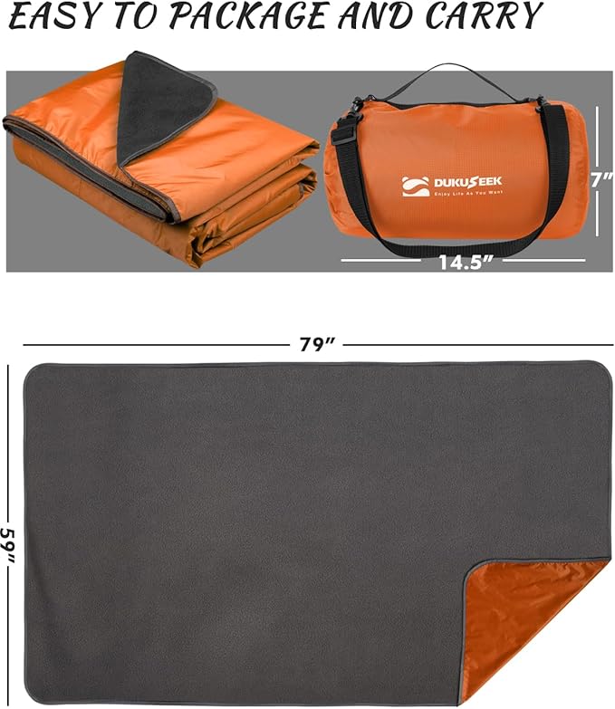 DUKUSEEK Hooded Outdoor Blanket, Extra Large (79 "x 56") Waterproof Camping Blanket, Quilted Fleece, Warm, Windproof, Sand Proof, Portable and Wear-Resistant, for Sports, Picnic, Hiking, Travel…