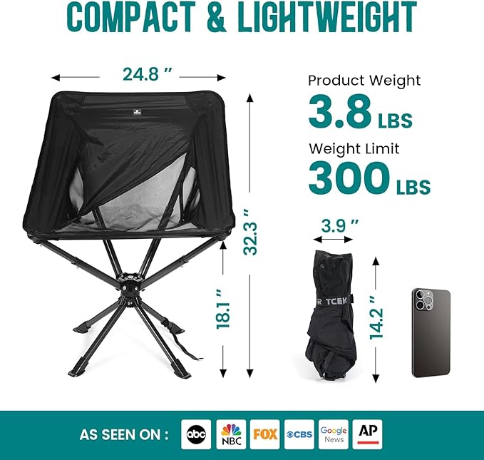 Swivel Portable Chair - Small Compact Collapsible Folding Chairs for Adults, Setup in 8 Seconds, Lightweight Outdoor Backpack Chair for Camping, Travel, Hiking, Beach, Support 300 LBS