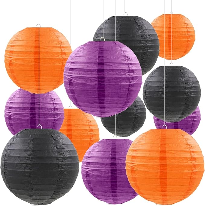 12 Pcs Paper Lanterns Halloween Party Decorations Orange Black Purple Halloween Hanging Paper Lanterns for Horror Party Indoor Outdoor Spooky Home Ceiling Yard Garden Decor Party Supplies Props
