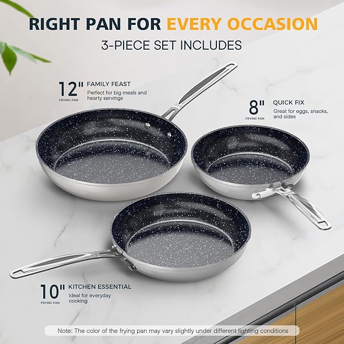 Nuwave 3-Piece 8”, 10”, 12” Forged Lightweight Frying Pan Set, G10 Healthy Duralon Blue Ceramic Ultra Non-Stick, Ergonomic Stay-Cool Handles, Induction-Ready & Works on All Cooktops