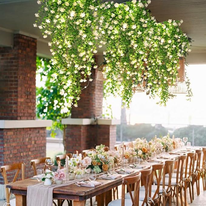 RECUTMS 3 Pcs Hanging Fake Plants Fake Vines Artificial Plants Large Faux Hanging Plant with 30 LED String Light, Artificial Hanging Plants Wall Indoor Outdoor Decorations(White)