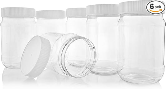 Pinnacle Mercantile Plastic Jars with Screw on Lined Lids 6 Pack 32 ounce Wide Mouth Food Storage Containers