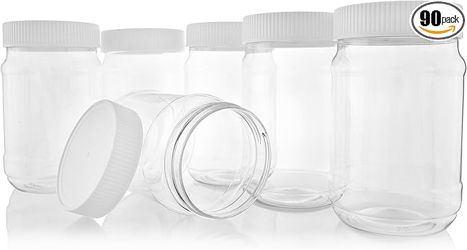 Pinnacle Mercantile Plastic Jars with Screw on Lined Lids 90 Pack 32 ounce Wide Mouth Food Storage Containers