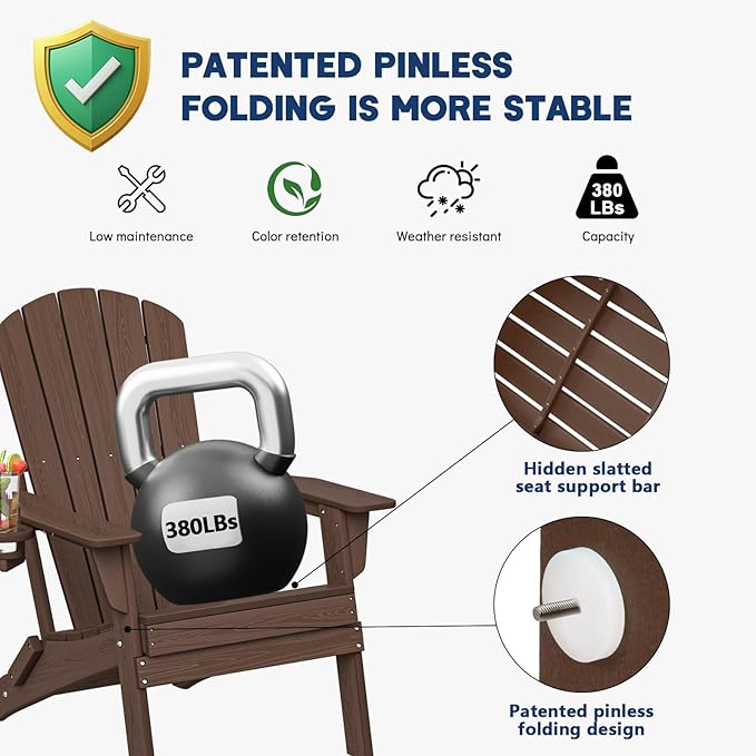 Folding Adirondack Chair, SGS Tested, Wooden Textured with Cup Holder, Heavy All-Weather HDPE Comfortable Set Poolside Backyard Lawn Coffee