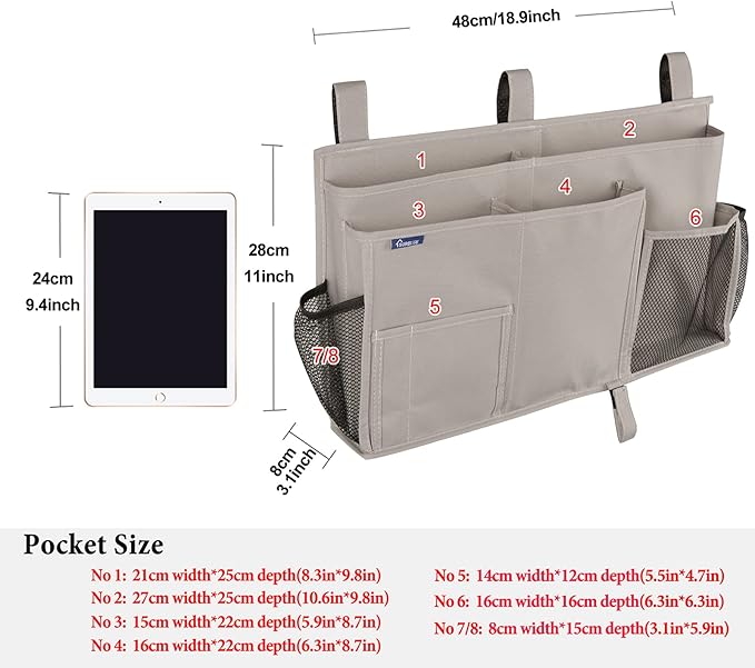 Surblue Bedside Caddy Hanging Bed Organizer Storage Bag Pocket for Bunk and Hospital Beds, College Dorm Rooms Baby Bed Rails,Camp (8 Pockets),Gray