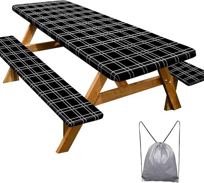Picnic Table Cover with Bench Covers Camping Essentials Waterproof Windproof Camping Tablecloth with Drawstring Bag, Fitted Rectangle Tables and Seats, 96in, Black Checkered