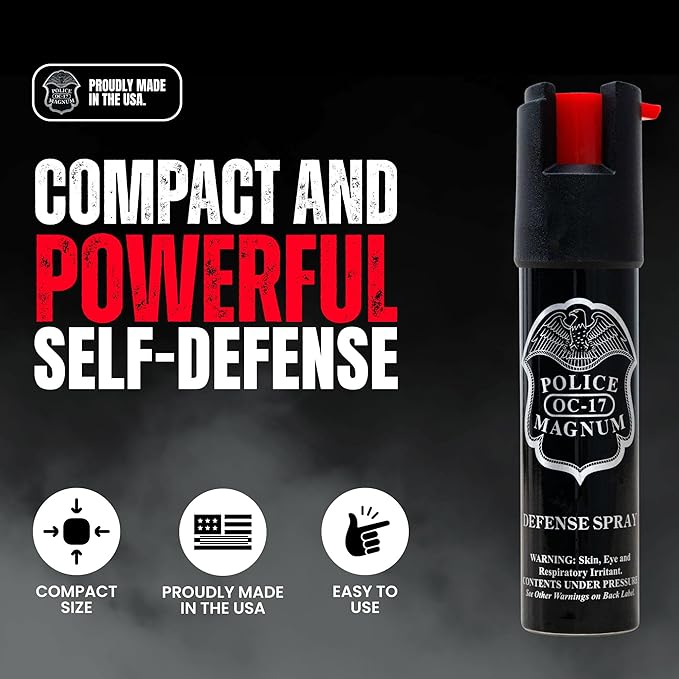 Police Magnum Compact Pepper Spray Self Defense- Tactical Maximum Heat Strength OC- Small Discreet Carry Canister- Made in The USA