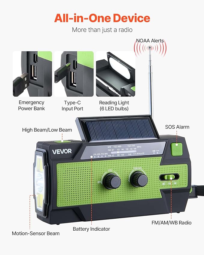 VEVOR Emergency Weather Radio, 4000mAh Battery, FM/AM/WB/NOAA Alert Solar Hand Crank Emergency Radio, with USB Charging Cable, SOS Alarm and Flashlight, Portable for Outdoor Emergencies, Camping