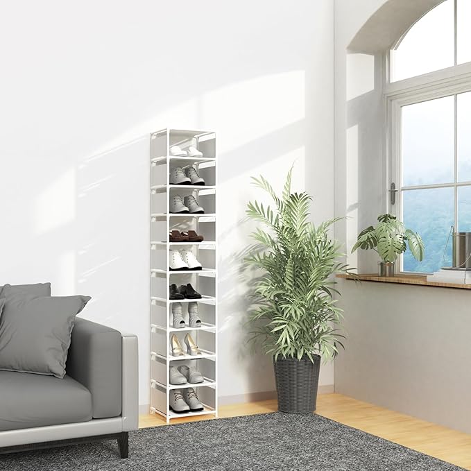 Narrow Shoe Rack, 10 Tier Vertical Shoe Rack for Closet Entryway, White Tall Slim Shoe Tower for Small Spaces, Shinky Shoe Organizer, Space Saving Corner Shoe Shelf