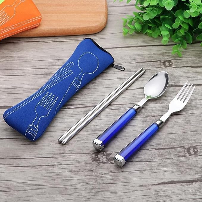 Blue Portable Tableware Bag Outdoor Travel Camping Cutlery Pouch Storage Bag Flatware Tableware Dinnerware Carrying Case for Knife, Fork, Spoon, Tea Spoon, Chopsticks, Bottle Opener, Straws