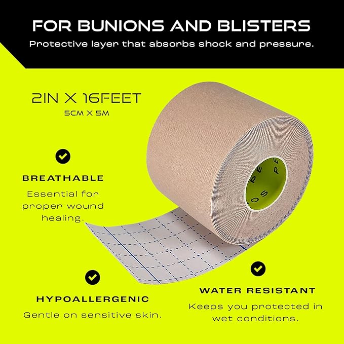 Moleskin Tape - 2in x 16ft - Blister Prevention Tape, Medical Padding Tape | Water Resistant & Hypoallergenic | Thin Mole Skin Padding & Athletic Tape for Running, Hiking, Walking - Single Roll