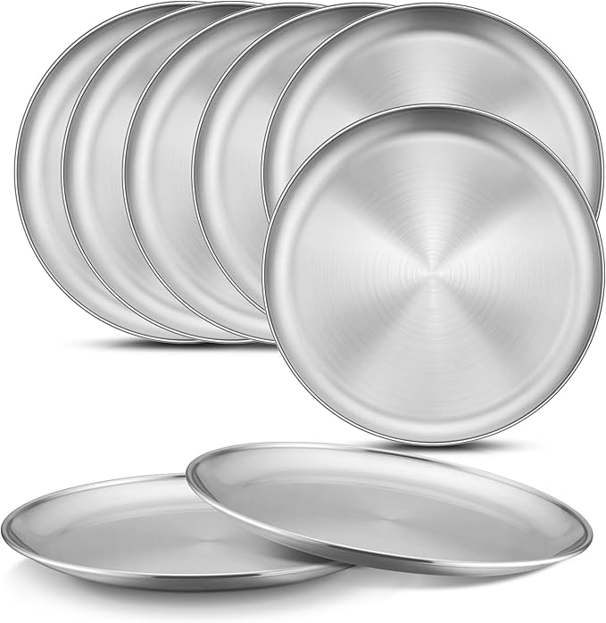 Homikit Stainless Steel Kids Plates Set of 8, 9 Inch Metal 304 Toddler Plates for Kids Children, 18/8 Non Toxic Dinner Dishes for Eating Feeding Serving Camping, Dishwasher Safe & Reusable