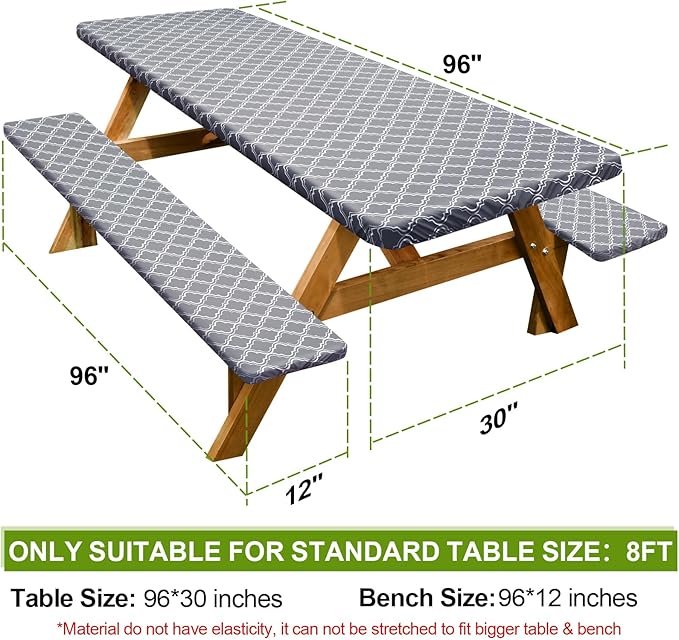 Picnic Table Cover with Bench Covers Camping Essentials Waterproof Windproof Camping Tablecloth with Drawstring Bag, Fitted Rectangle Tables and Seats, 96in, Grey