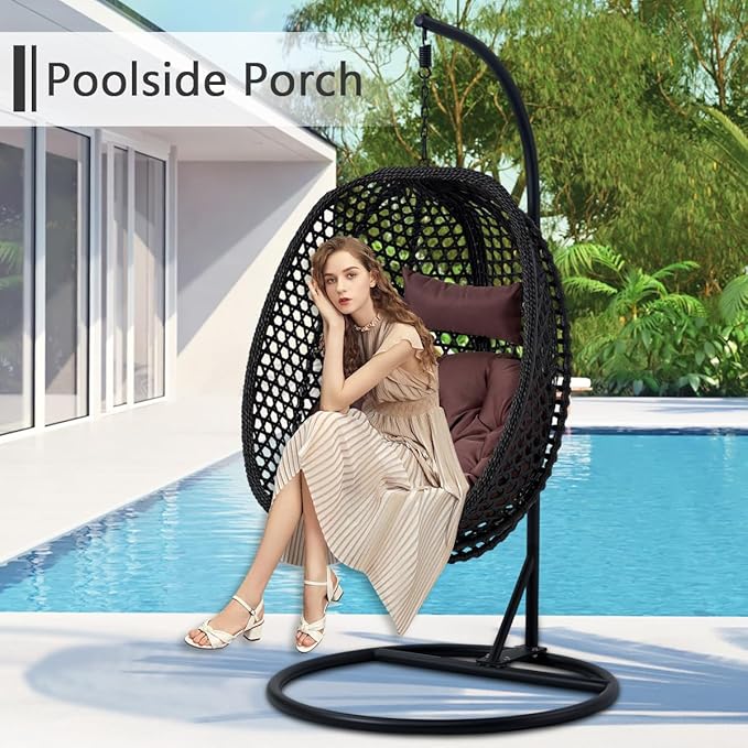 JUFU Egg Swing Chair with Stand,Hanging Egg Chair Indoor Outdoor,Hammock Hanging Basket Chair with Aluminum Steel Frame，Patio Egg Chair with Removable Cushions for Patio Balcony Backyard,Bedrooms