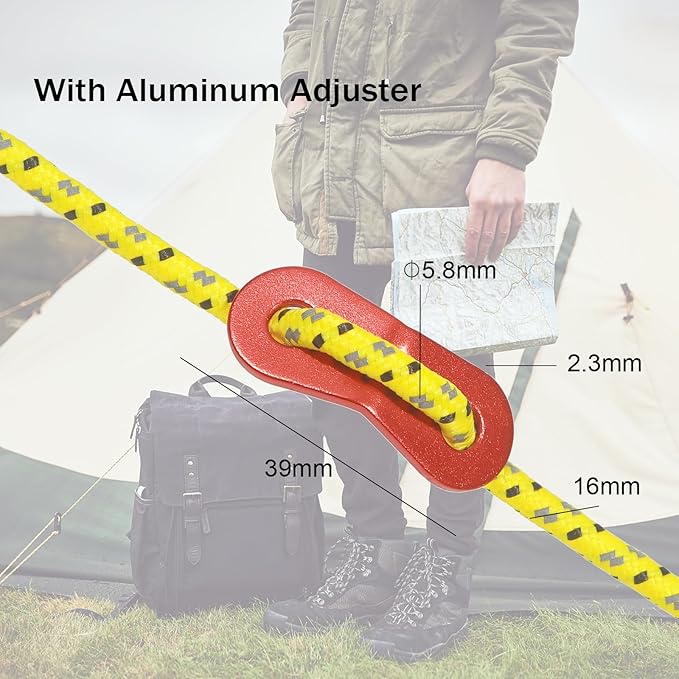 16.4ft 6 Pack 4mm Guy Lines Ultralight Tent Cords with Aluminum Adjuster Tensioner Outdoor Camping Guylines Ropes for Tent Tarp,Climbing,Hiking Backpacking (Yellow)