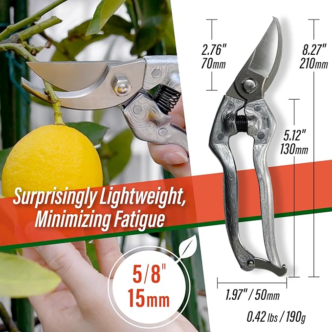 SUIZAN Bypass Pruning Shears 8.3” Plus Forged Aluminum Handle - Professional Japanese Hand Pruners Garden Scissors Gardening Tools