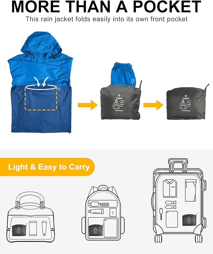 Outdoor Ventures Men's Rain Jacket Waterproof Lightweight Packable Rain Pullover for Hiking Golf Running