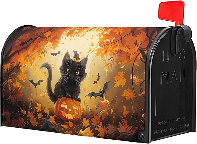 Halloween Cat Magnetic Mailbox Covers Spooky Kitten Pumpkin Waterproof Letter Box Cover Standard Size Fall Maple Leaf Forest Bat Decorative Holiday Post Wraps for Home Garden Yard Outdoor 21x18 Inch