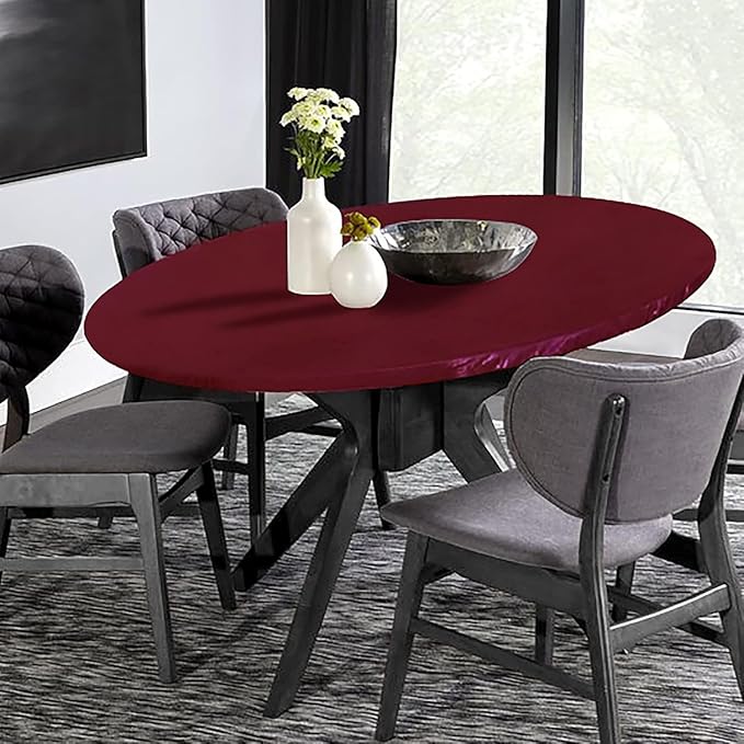 LUSHVIDA Round Waterproof Table Cover Elastic Tablecloth Vinyl Fitted Table Cloth Elastic Edged Plastic Table Cover,(Fits Tables up to 45"-56" R, Burgundy)