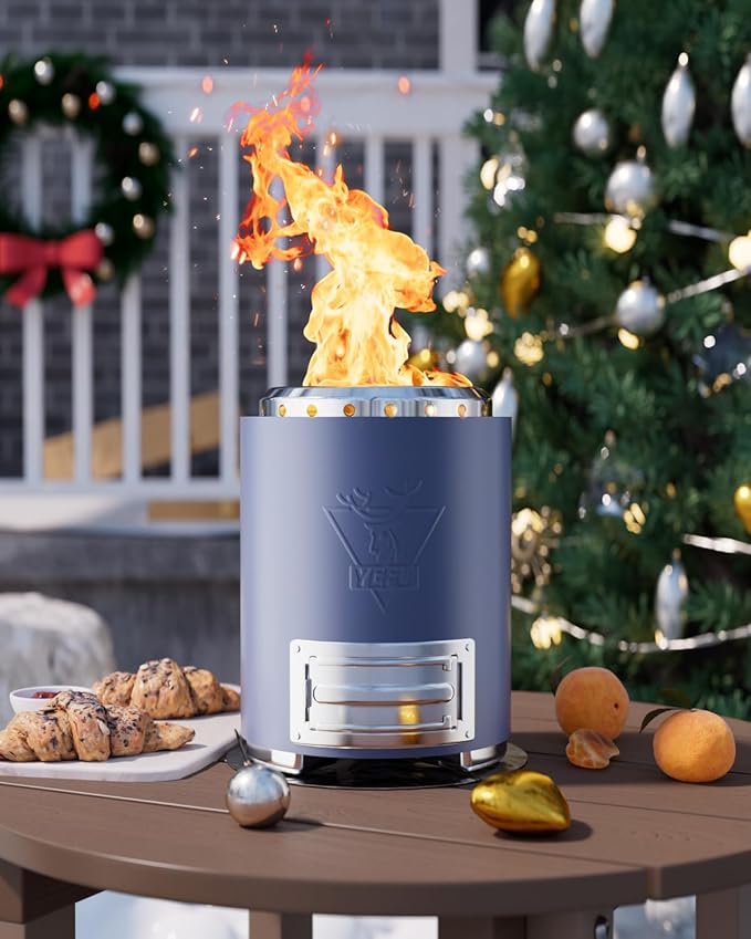 YEFU Tabletop Fire Pit 9.7 x 7.1 in, Flame Intensity Control Camping Stove for Outdoor & Patio, Fueled by Pellets or Wood, Safe Burning Table Top Firepit, with Travel Bag & 2 Mini Sticks, Blue