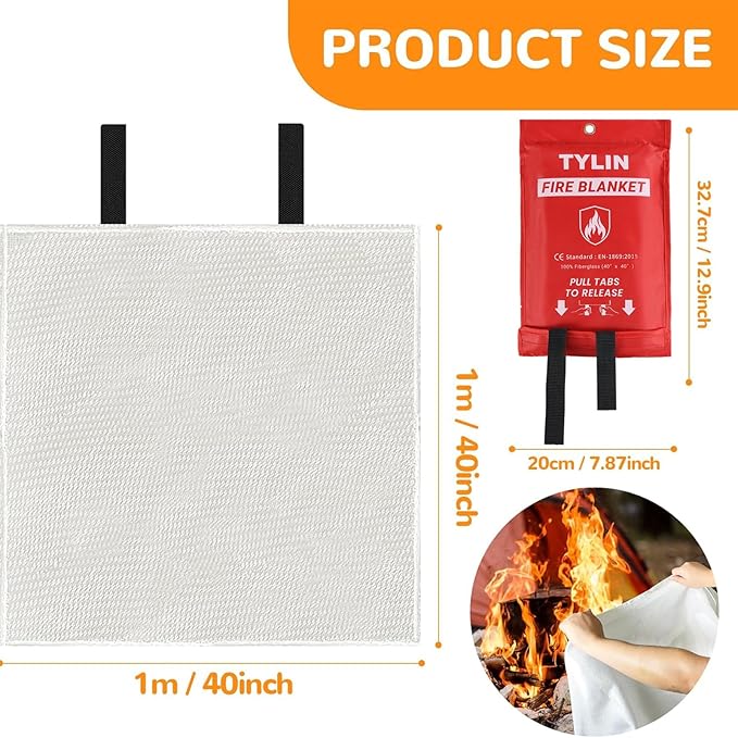 TYLIN Emergency Fire Blanket for Home & Kitchen 40” x 40” - 2 Pack, High Heat Resistant Fire Suppression Blankets for Home Safety, Kitchen, and Camping Fiberglass Welding (2)