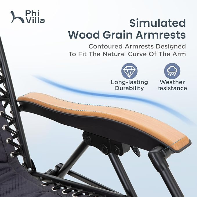 PHI VILLA XXL Oversized Padded Zero Gravity Chair, Foldable Patio Recliner, 30" Wide Seat Anti Gravity Lounger with Cup Holder, Support 400 LBS (Gray Accent)