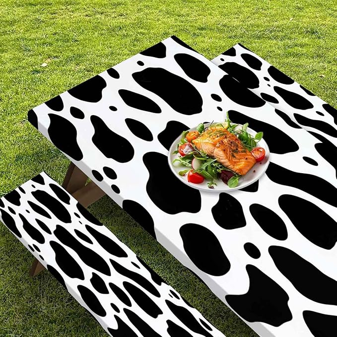 CAPSCEOLL Fitted Picnic Table Cover with Bench Covers with Elastic 6Ft Waterproof Camping Picnic Table Cover Cloths for Outdoors Camping Tablecloth with Drawstring Bag, 72X30in, Black White