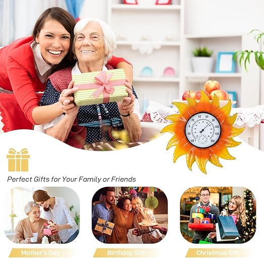 Large Sunflower Outdoor Thermometer No Need Battery, Outdoor Wall Thermometer with Humidity, Outside Thermometer Decorative for Patio, Backyard, Garden, Living Room