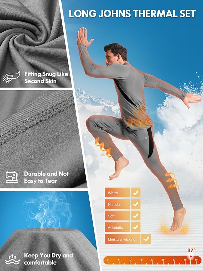 romision Thermal Underwear for Men Long Johns Fleece Lined Hunting Gear Bottom Top Set Base Layer for Cold Weather Gift