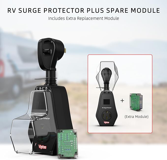 RV Surge Protector 50 Amp with Extra Replacement Module, 1.77" Smart LED Display, 12000 Joules Circuit Analyzer, Waterproof Design with Oversized Cover for Camper & Trailer Power Plug