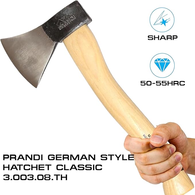 Prandi Axes German C45 Forged Carbon Steel Hatchet - Hickory Handle with Leather String - Ideal for Camping, Travel and Bushcraft - S/N 3.003.08.TH - 15" L x 6.42" W, 800g Polished Head, No Sheath