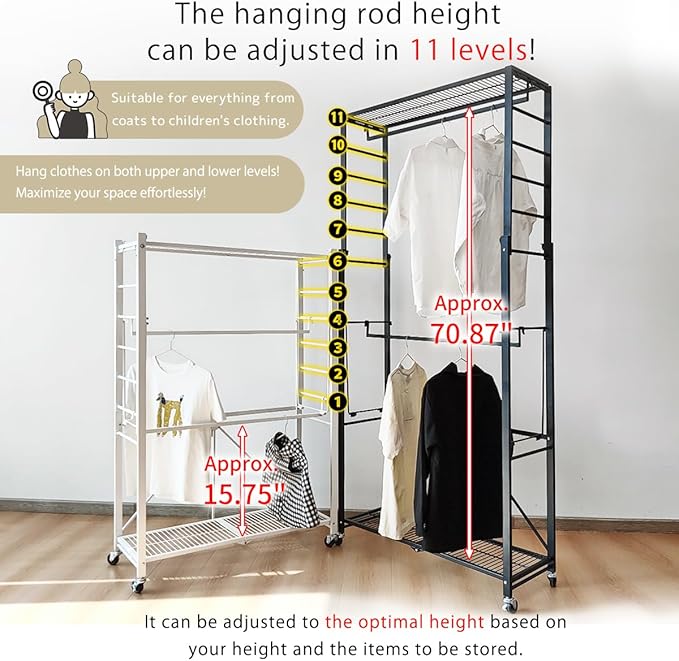 lumizone Folding Clothing Rack with Wheels Expandable Wardrobe Portable Clothes Rack for Hanging Clothes Adjustable Closet Shelves Garment Rack Durable Closet Racks for Hanging Clothes (Pro Black)