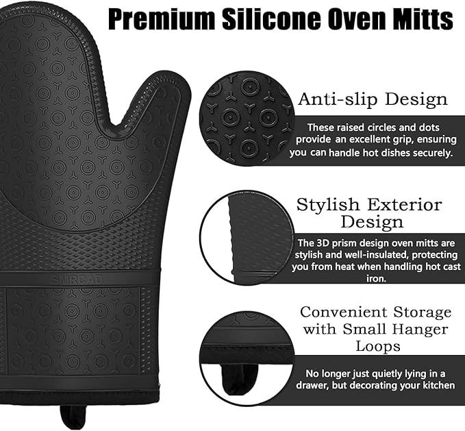 Oven Mitts with Heat-Resistant Hot Pads and Five Silicone Spatulas Designed for Kitchen Baking Cooking, Oven Glove Soft Cotton Lining, Waterproof, BPA-Free (Black& Trivet, 12.6)