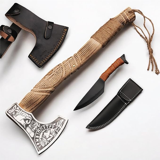 Viking Axe with Gift Viking Knife Also Leather Sheaths, Carbon Steel, Carved Wooden Handle, Bearded Heaven Hatchet for Camping, Throwing, Survival, Splitting, Felling, Chopping, Hiking (Axe - 02)
