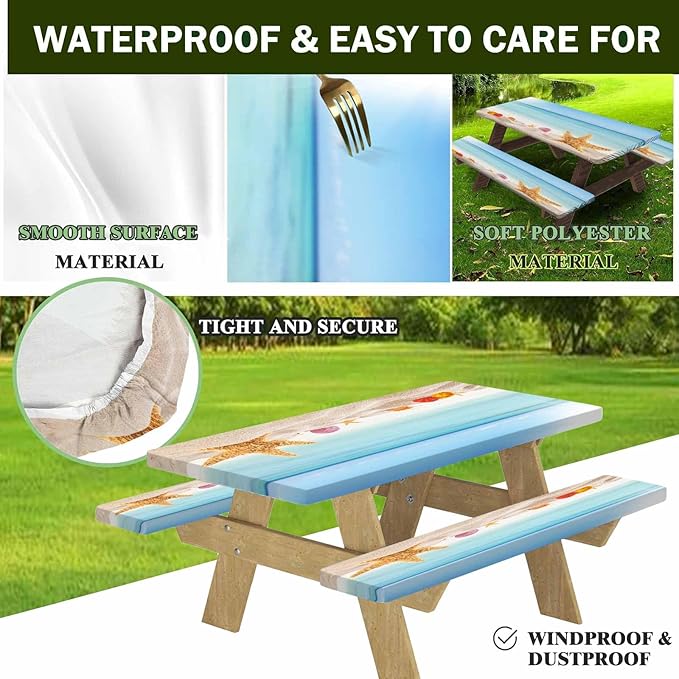 CAPSCEOLL Elastic Picnic Table Cover with Bench Covers 5Ft Waterproof Fitted Picnic Table Cover Cloths for Outdoors Camping Tablecloth with Drawstring Bag, 60X30in, Sea Beach