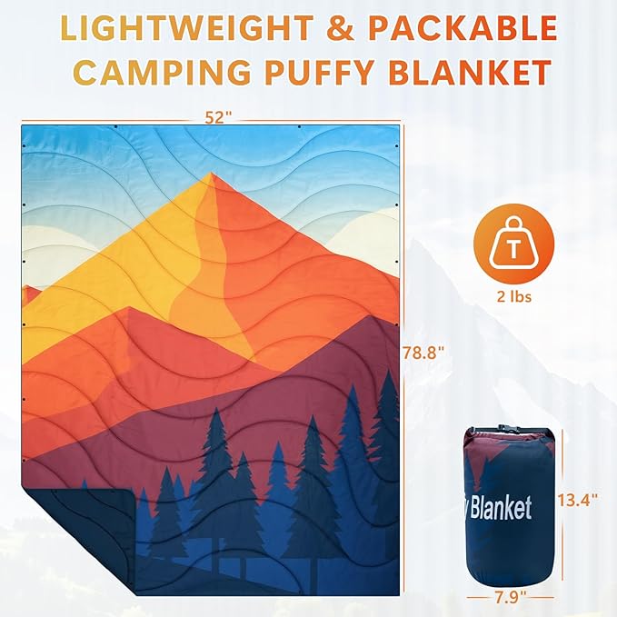 Outdoor Camping Blanket, Packable Down Alternative Puffy Camping Blankets Lightweight Water-Resistant Compact Outdoor Blanket for Airplane Travel Picnic Stadium Hiking Party Cold Weather 55"x78.8"