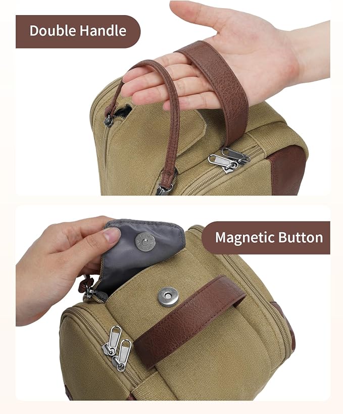 WANDF Toiletry Bag for Men Travel Toiletry Organizer Canvas and Leather Dopp Kit Water-Resistant Shaving Bag for Travel Accessories (Classic Khaki, Large)