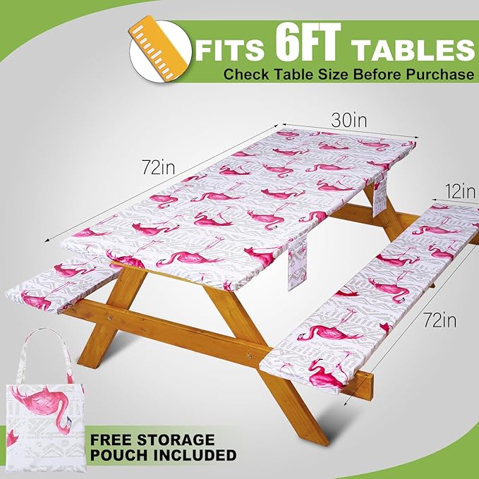 Fitted Picnic Table Cover with Bench Covers Vinyl Waterproof Elastic Edges Fitted Rectangle Tables Patio Tablecloth Camping Gear and Essentials Rv Accessories Road Trip Supplies Car Travel Must Haves