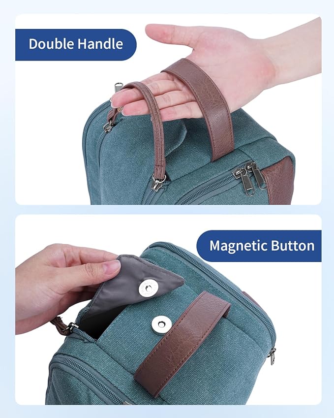 WANDF Toiletry Bag for Men Travel Toiletry Organizer Canvas and Leather Dopp Kit Water-Resistant Shaving Bag for Travel Accessories (Blue-Green, Large)