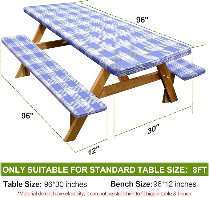 Picnic Table Cover with Bench Covers Camping Essentials Waterproof Windproof Camping Tablecloth with Drawstring Bag, Fitted Rectangle Tables and Seats, 96in, Light Blue Checkered