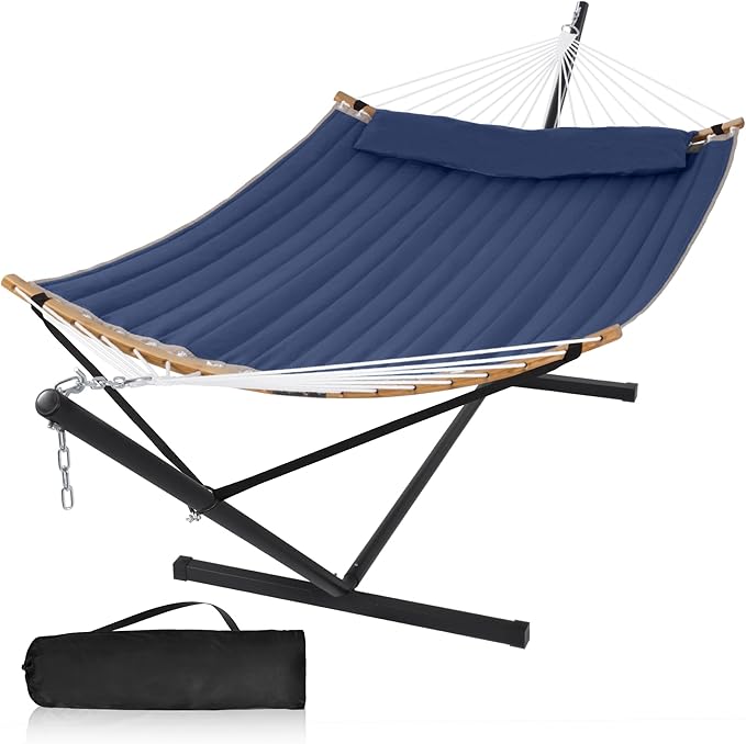 2 Person Hammock with Stand Included, Outdoor Hammock with Curved Spreader Bar, Pillow and Carrying Bag, 450 Lbs Capacity, Navy Blue