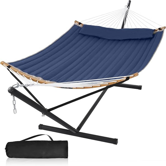 2 Person Hammock with Stand Included, Outdoor Hammock with Curved Spreader Bar, Pillow and Carrying Bag, 450 Lbs Capacity, Navy Blue