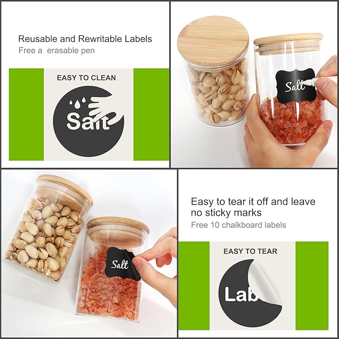 Glass Food Storage Containers Jars with Airtight Bamboo Lid 16 oz 9 pcs, 490 ml Pantry Organization Jar, Glass Terrarium with Lid, Spice, Flour and Sugar Container, Canister Set for Kitchen Counter