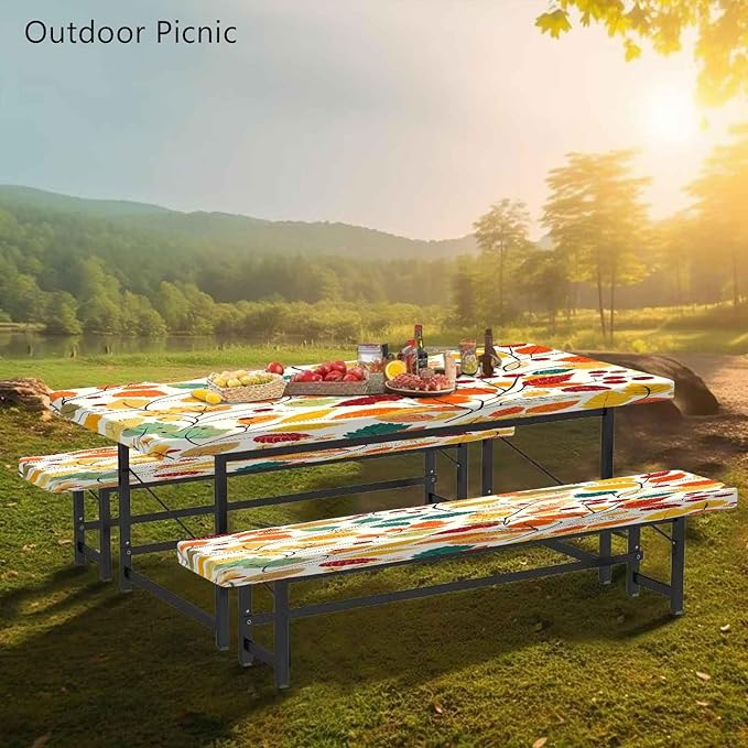 CAPSCEOLL Fitted Picnic Table Cover with Bench Covers with Elastic 6Ft Waterproof Camping Picnic Table Cover Cloths for Outdoors Camping Tablecloth with Drawstring Bag, 72X30in, Fall Leaves