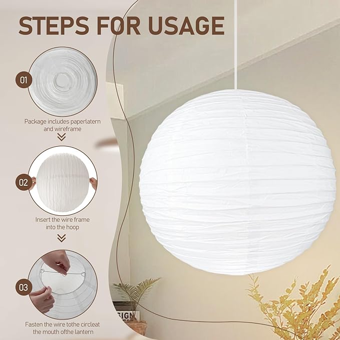 2PCS 20Inch Paper Lantern Lights, White Round Rice Paper Lamp Shades, Chinese/Japanese Paper Lantern Pendant Light for Party Decoration, Wedding, Home Decor