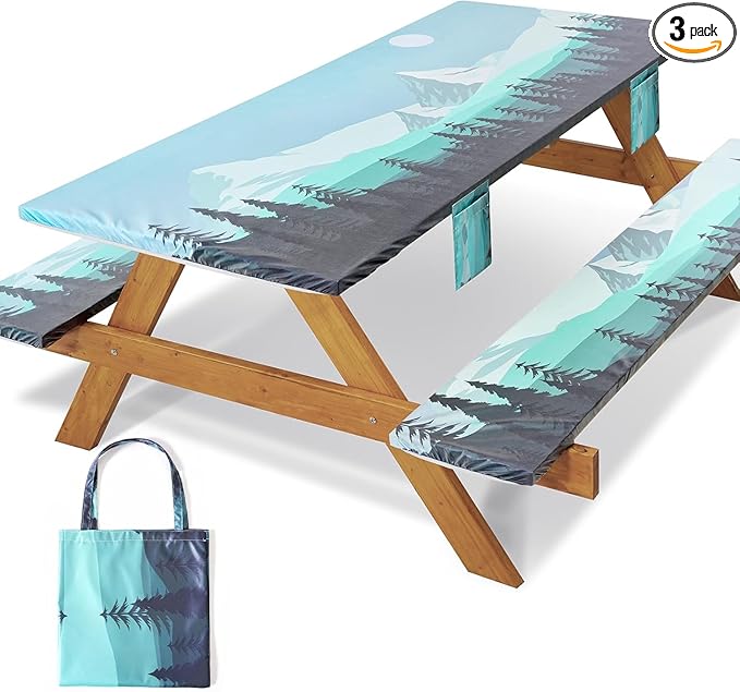 Fitted Picnic Table Cover with Bench Covers Elastic Waterproof Outdoor Camping Tablecloth for 6 Foot Rectangle Tables Camper Summer Accessories Rv Car Essentials Vacation Gifts for Women Men
