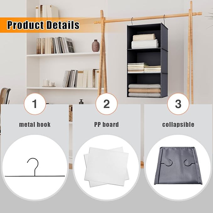Hanging Closet Organizer and Storage 3-Shelf, Easy Mount Foldable Hanging Closet Wardrobe Storage Shelves, Clothes Handbag Shoes Accessories Storage, Washable Oxford Cloth Fabric, Dark Gray