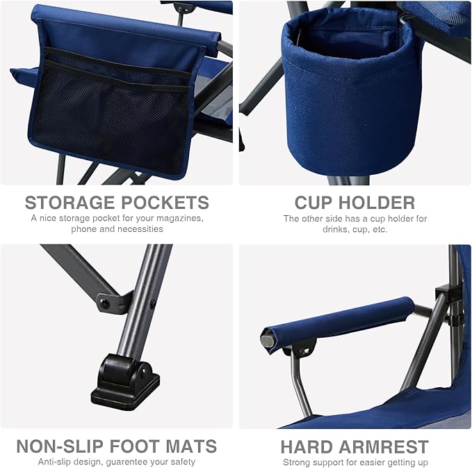 EVER ADVANCED Oversized Folding Camping Chair for Adults, Heavy Duty Lawn Chair with Side Pockets, Portable Collapsible Quad Chair for Outside, Support Up to 500lbs